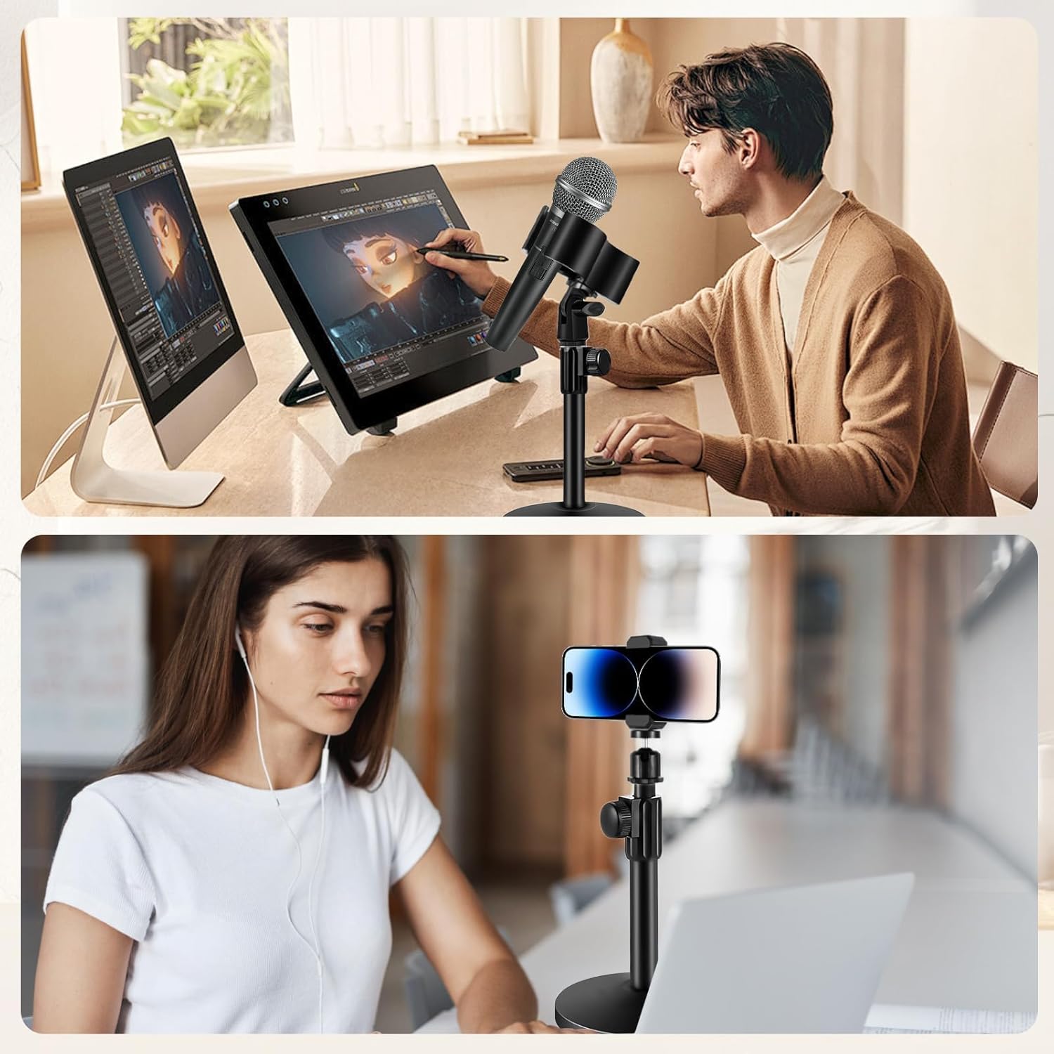 BILIONE Versatile Desktop Microphone Stand, Adjustable Table Mic Stand with Large Microphone Clip, Cell Phone Clip, 5/8" Male to 3/8" Female Metal Adapter (Pack of 2)