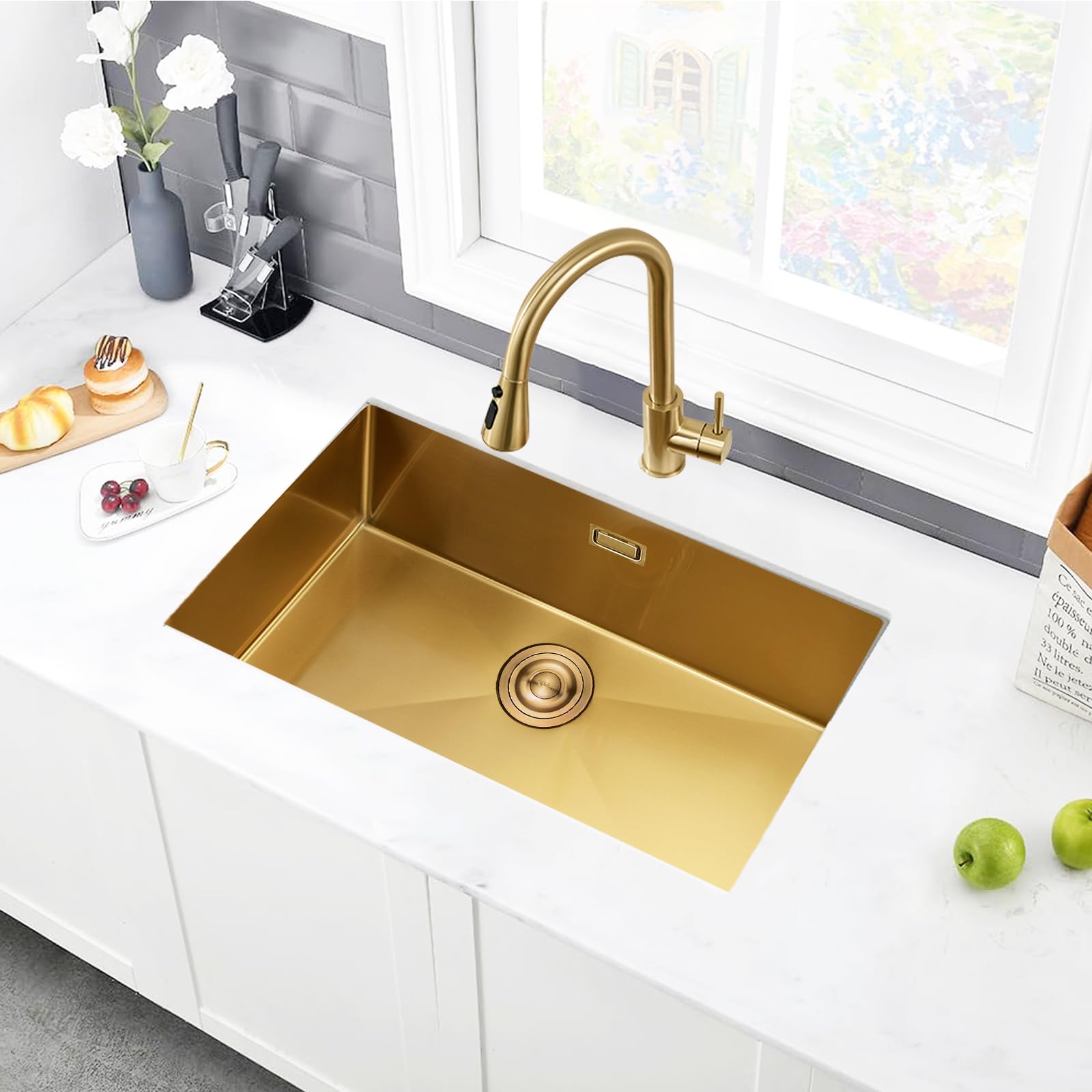 Stainless Steel Kitchen Sink, BoomHoze 70x40cm Gold Undermount Single Bowl — image 1