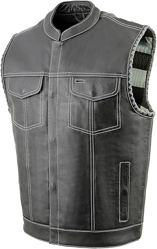 Milwaukee Leather MLM3507 - Chaleco estilo club de cuero negro Old Glory para hombre con costuras grises y sisas con cordones
