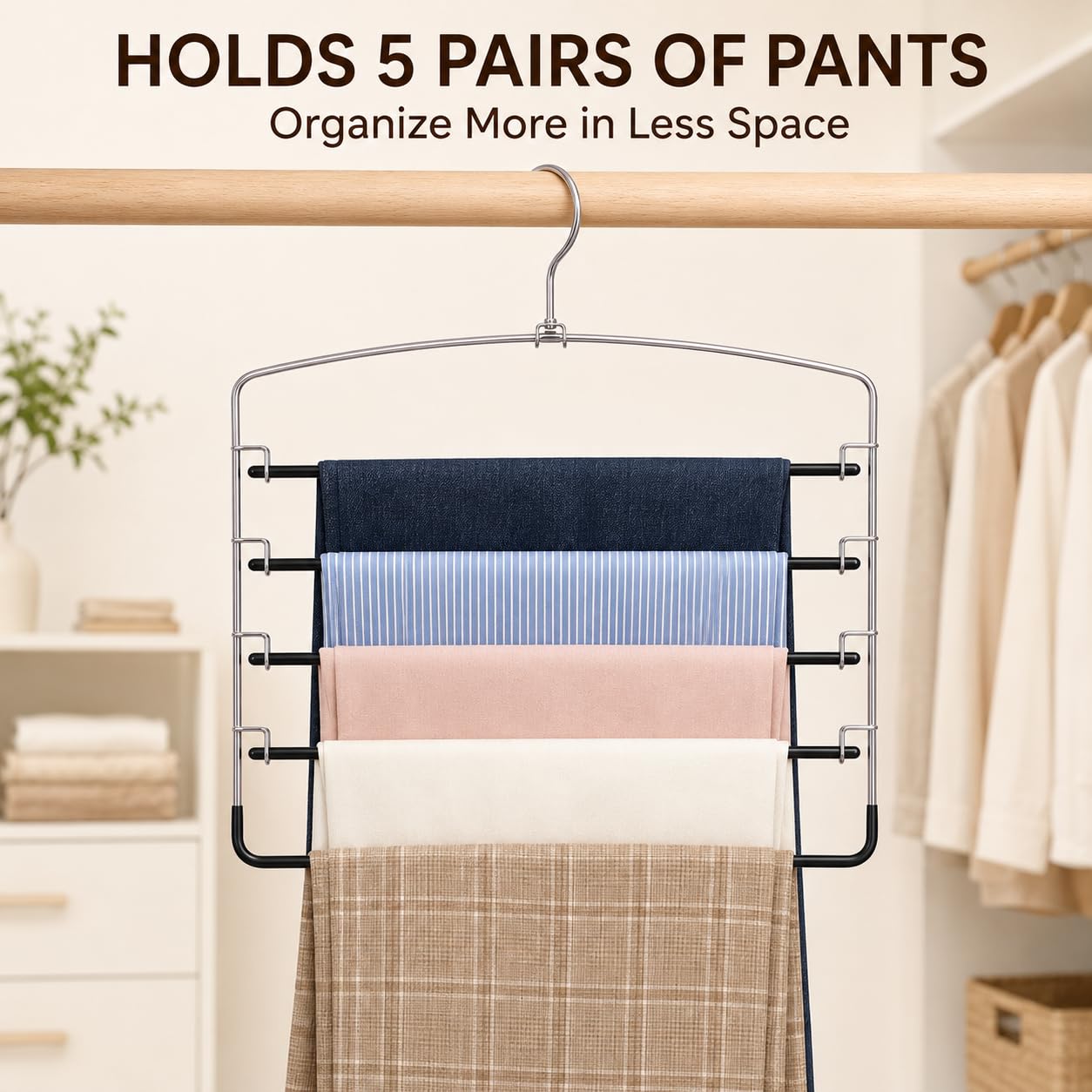 Hosenbügel, platzsparend, 6 Stück, rutschfeste Kleiderbügel, platzsparend, mehrlagiger Schwungarm, Edelstahl-Hosenbügel mit rutschfester Polsterung, Schrank-Organizer für Hosen, Jeans