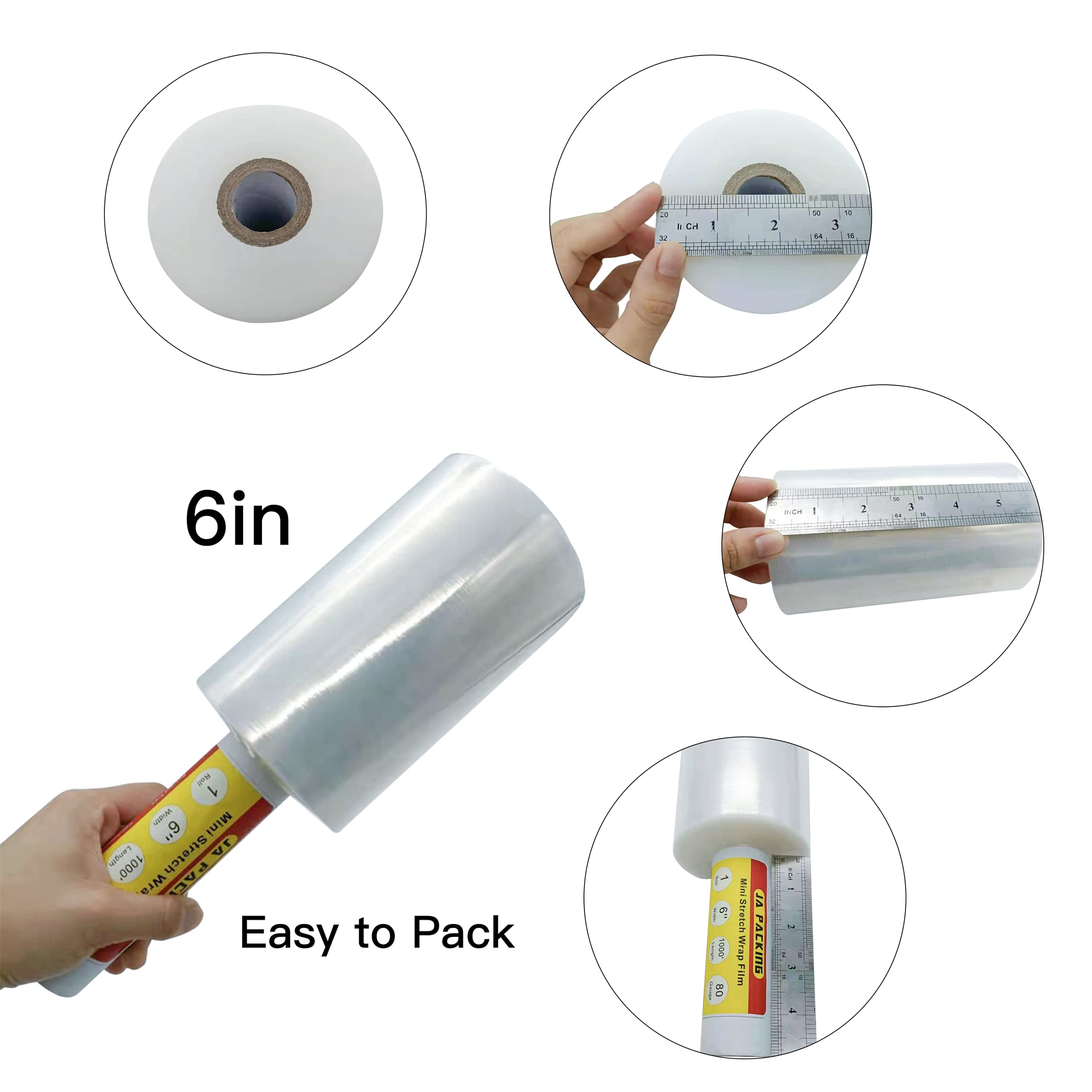 JA PACKING Stretch Wrap Clear Plastic Wrap Roll 6 inch X 1000Ft 80 Guage Industrial Mini Stretch Wrap Film with Handle for Moving,Shipping,Packing Fuiniture Adhering Shrink Film