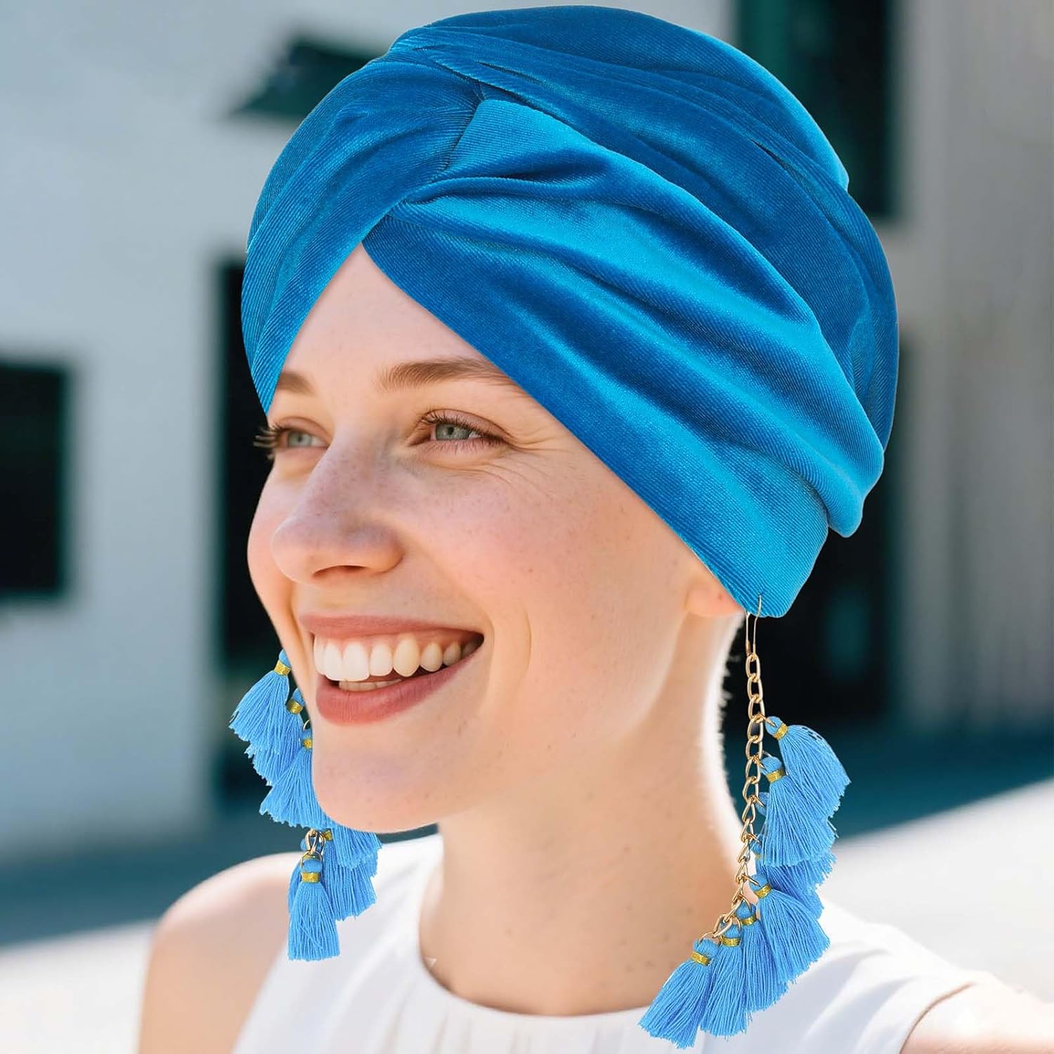 Bohend Knotted Turban Cap Women Tassel Pre-Tied Velvet Beanie Headwrap Stretchy Head Covering Wide - Image 2