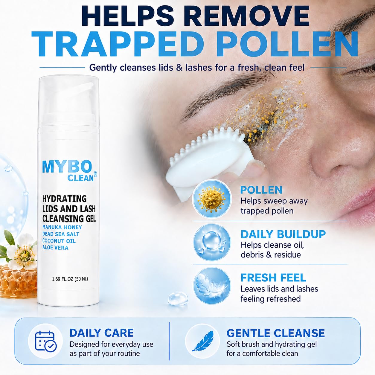 Mybo Clean Eyelid Cleansing Brush for Sensitive Skin (1 Pc) + Hydrating Lids and Lash Cleansing Gel (1Pc) + Travel Bag Ideal for Gentle Cleansing of the Eyelids On the Go