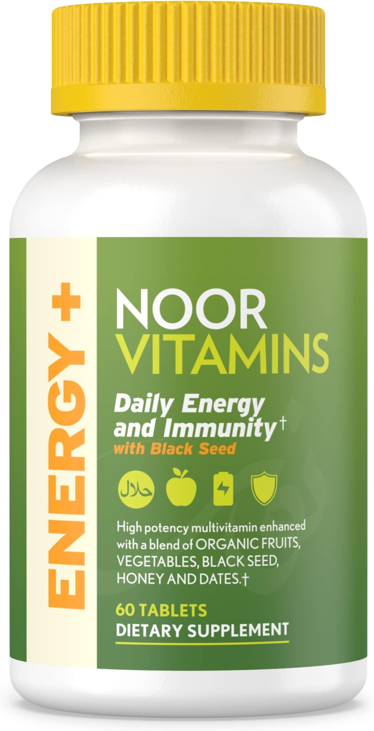 Energy+ Multivitamin; Halal Vitamin for Energy Production & Immunity, 26 Vitamins & Minerals, Black Seed, Dates, Honey, for Men & Women. Gelatin Free, 2 Month Supply