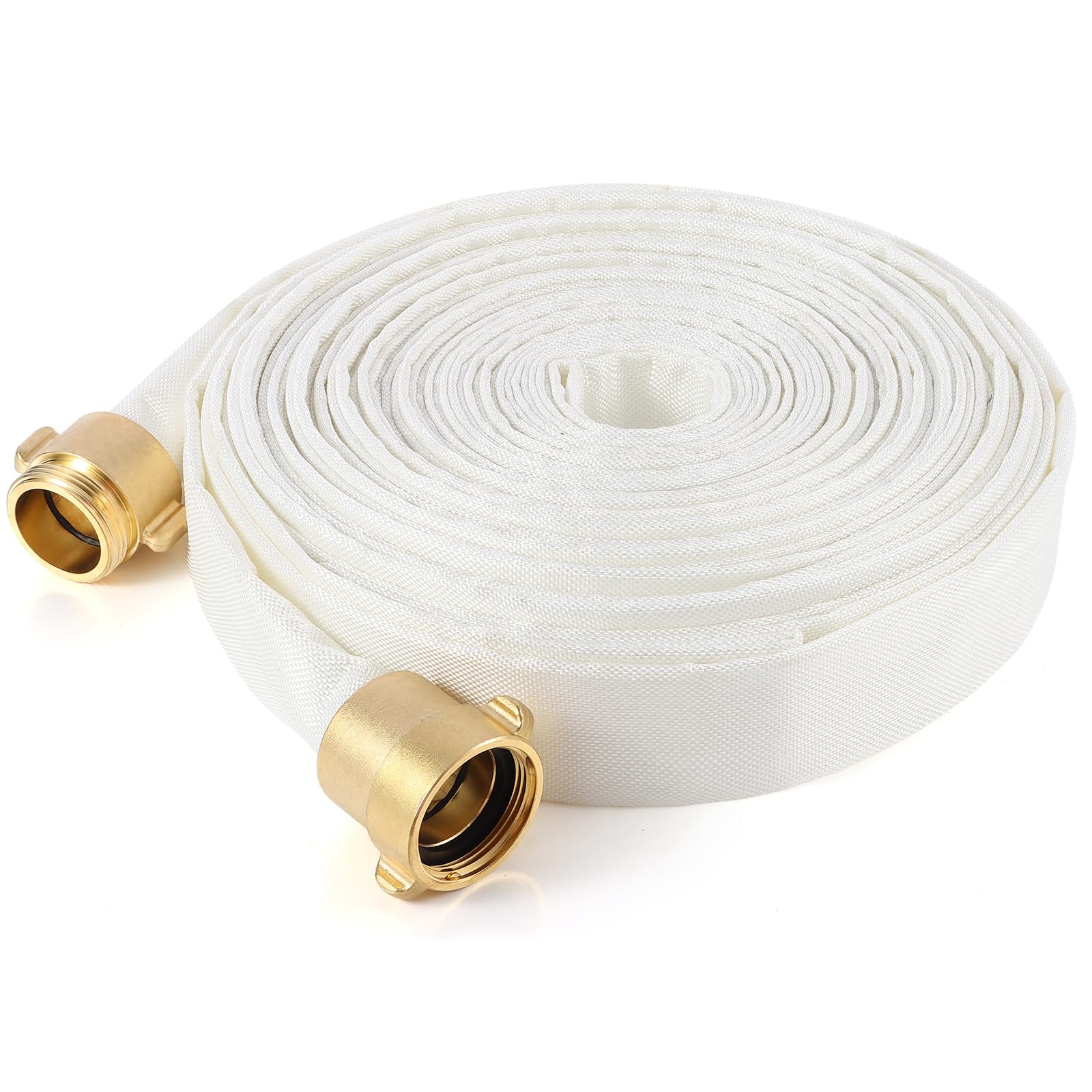 fire hose, 1-1/2" id x 100 ft firefighter hose, white industrial flat water hose with m x f nst/nh brass couplings for indoor outdoor fire, home garden irrigation