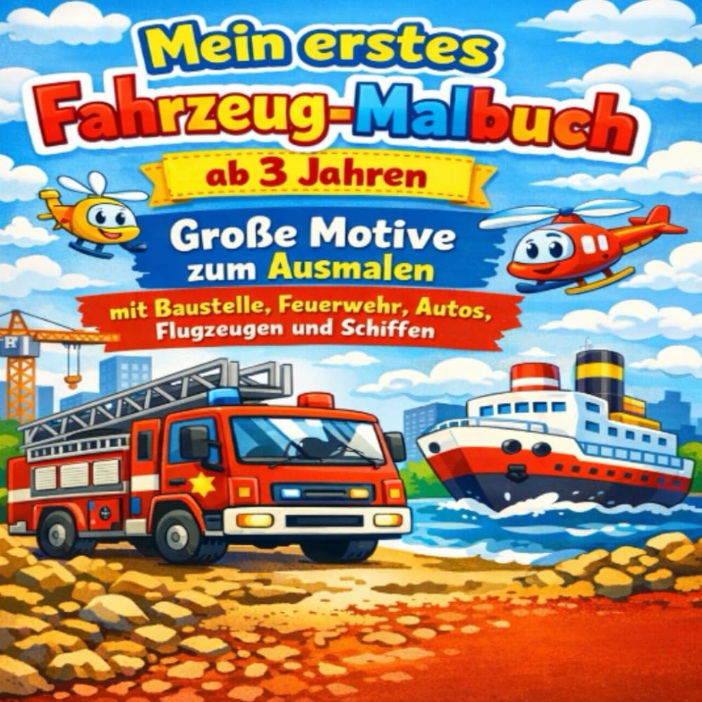 Mein erstes Fahrzeug-Malbuch ab 3 Jahren: Große Motive zum Ausmalen mit Baustelle, Feuerwehr, Autos, Flugzeugen und Schiffen