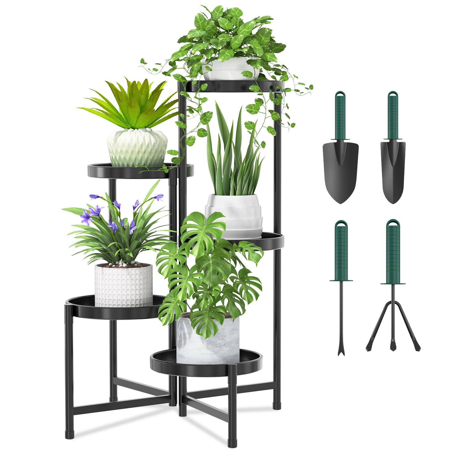 iDavosic.ly 5 Tier Large Plant Stand with Garden Tools, 10 Inch Tray, Black