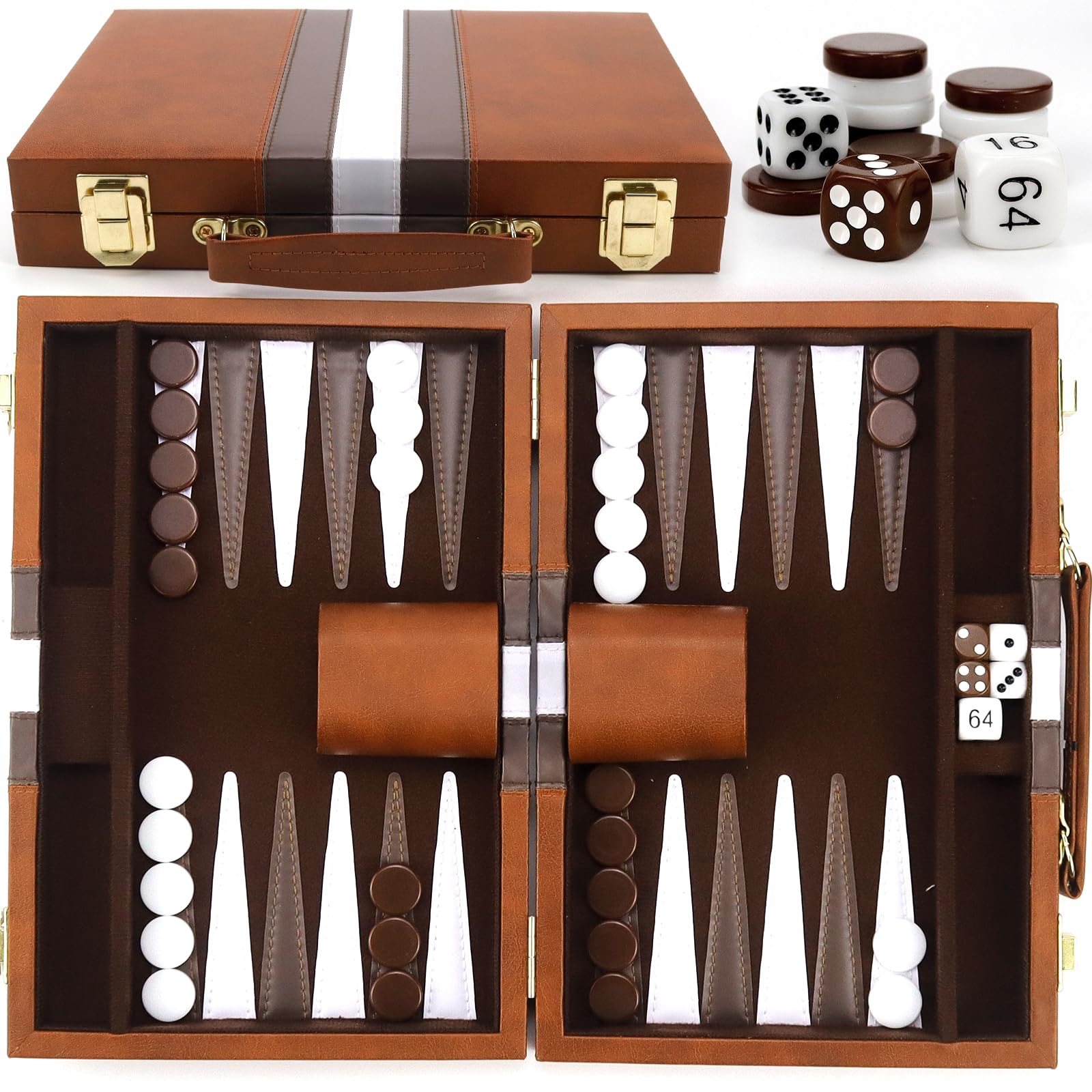 Backgammon, Set da viaggio in legno con custodia in pelle di alta qualità, Portatile, 2 giocatori, Età: 8+, Per tutte le età
