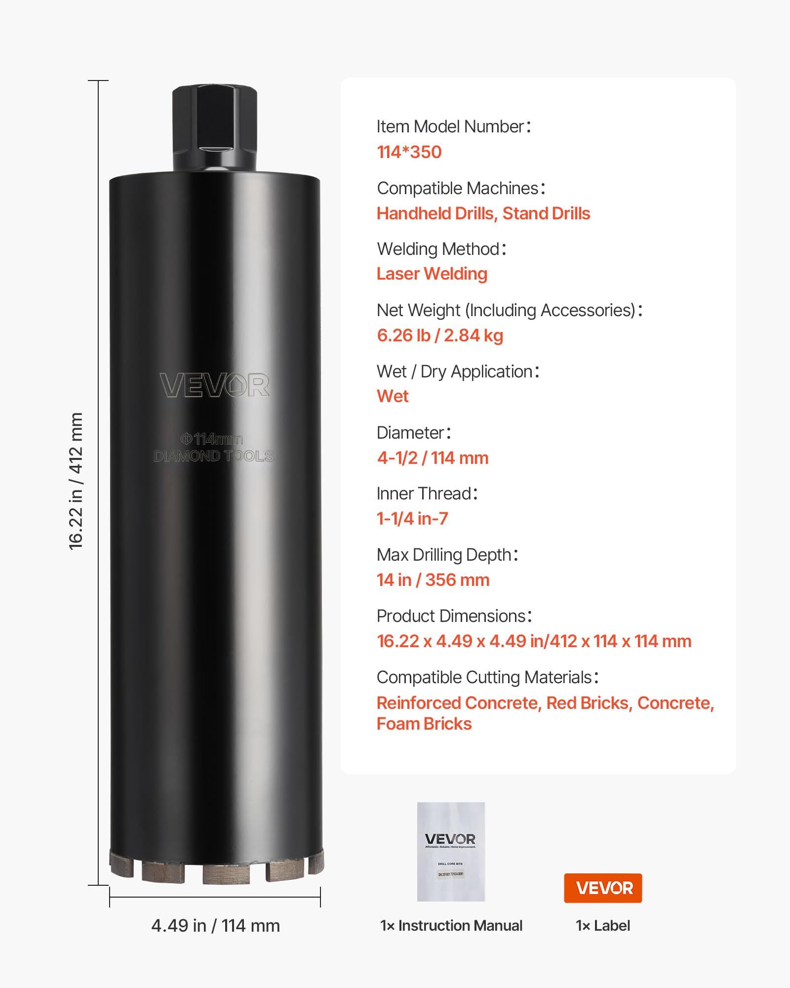 VEVOR Broca de Núcleo para Perforación en Húmedo, 114 mm Diámetro, 356 mm Profundidad, Tecnología de Soldadura de Alta Precisión, para Hormigón Armado, Ladrillo y Mampostería, 412 x 114 x 114 mm