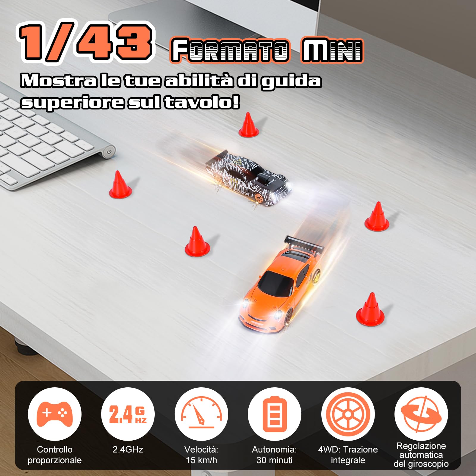 Joellfuner RC Auto Drift Pro 1:43, Macchina Telecomandata Drift, Mini Drift Car, Micro Macchina Telecomandata con Luce LED, 15km/h, Auto Giocattolo per Bambini di 14 Anni
