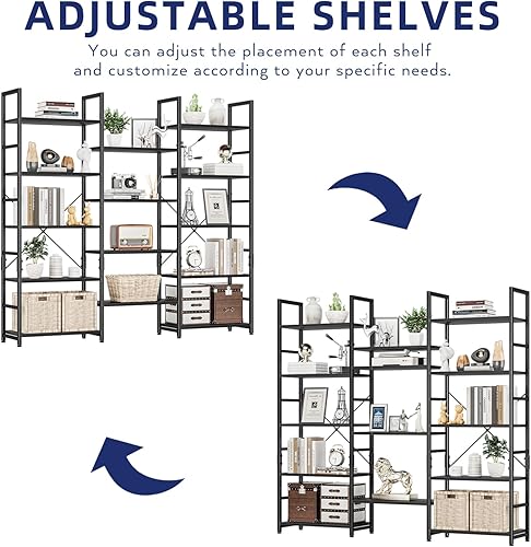 Miniatura 10 de NUMENN Estantería triple ancha de 5 niveles, estilo industrial rústico con 14 estantes abiertos, mueble alto moderno para dormitorio, sala de estar