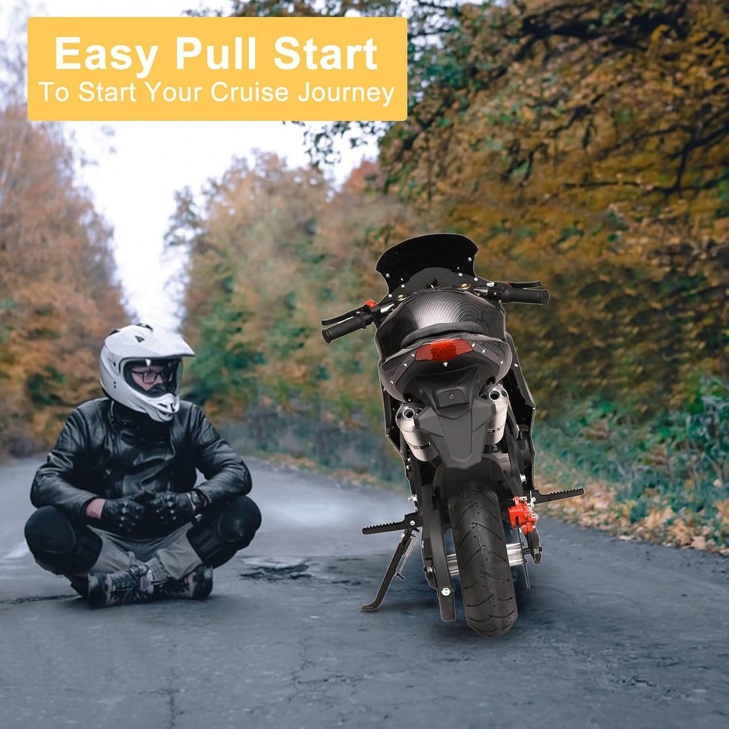 49cc Gas Dirt Bike 4-Stroke Gas Power Motorcycle Mini Bike, Off Road Mini Motocross, Pocket Motorbike with Front Rear Disc Brakes, Racing Max Speed 25MPH, Dual Headlights Black