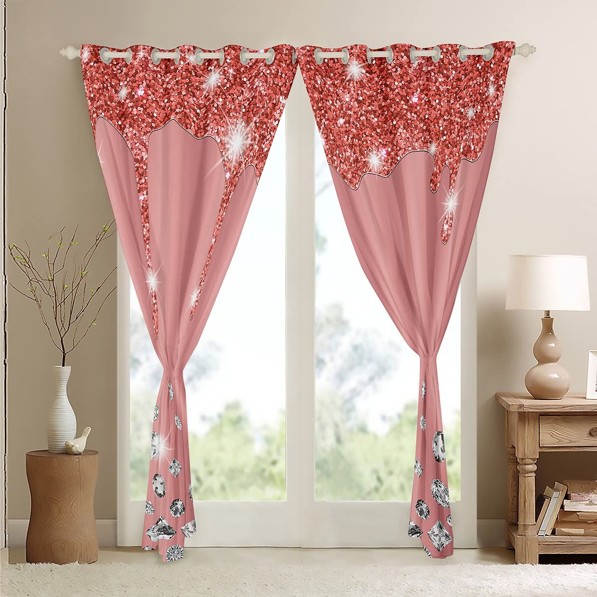 Rideaux occultants à strass pour chambre à coucher, rideaux occultants rose jade (30 % à 50 %) - 132 x 228 cm