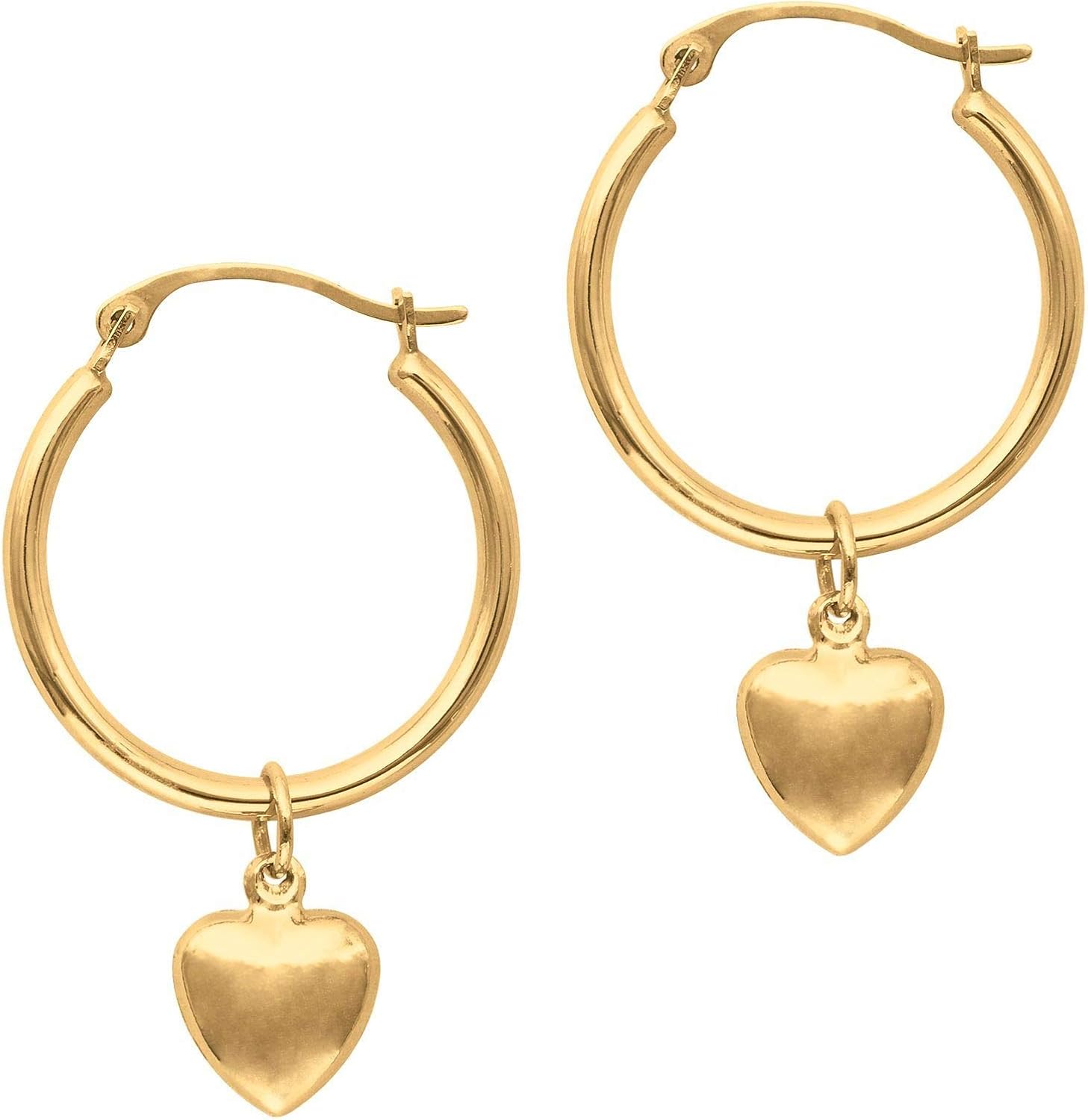 Ritastephens 14K Yellow Gold Small Dangle Mini Heart Hoop Earrings with Hinged Clasp 15MM