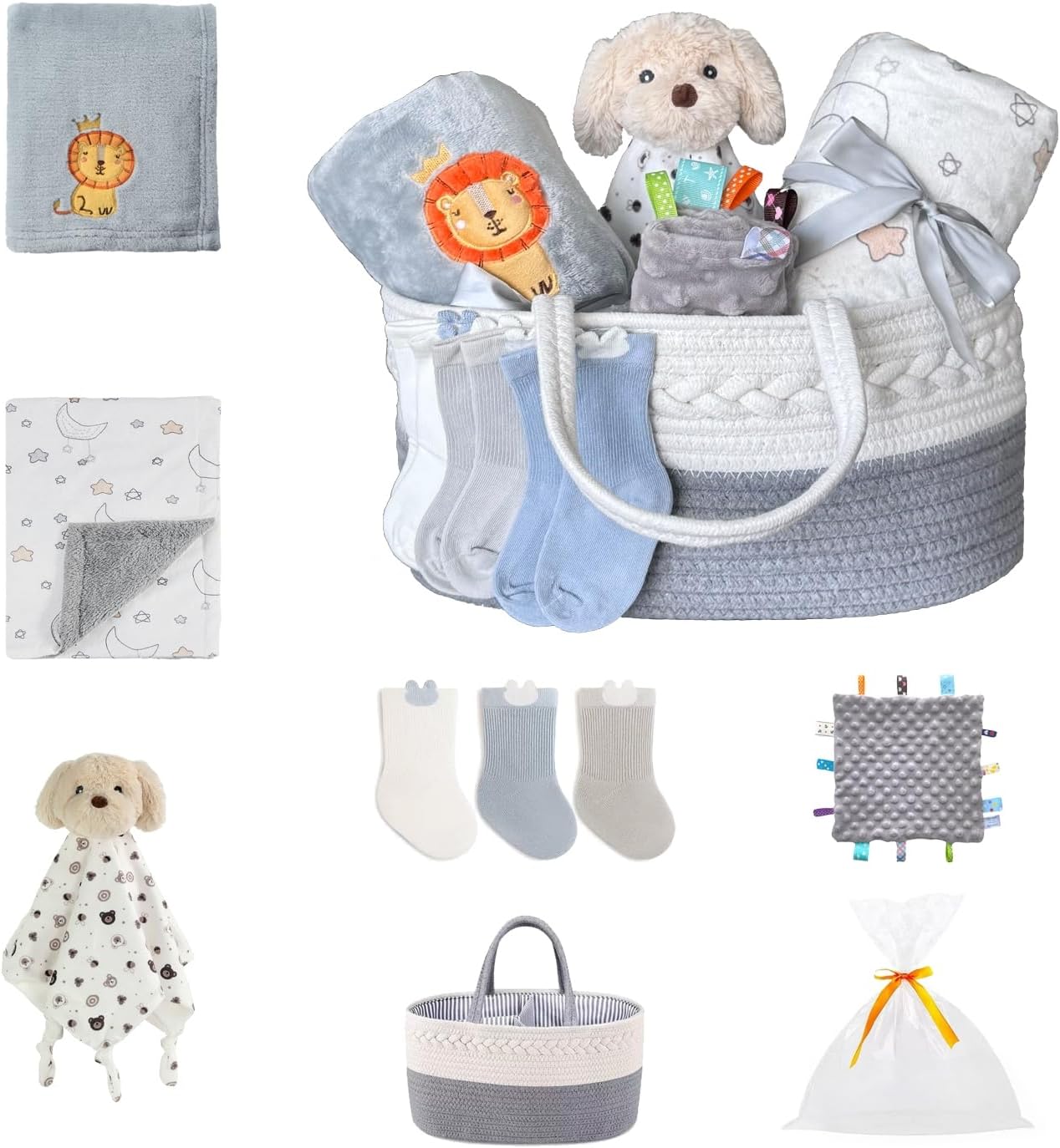 CREVENT Gift Set for Newborns -Diaper Caddy Organizer Basket with 2 Blankets, 1 Taggie, 1 Lovey, 3 Socks,1 Gift Bag with Ribbon - Welcome Essential Baby Shower (Neutral