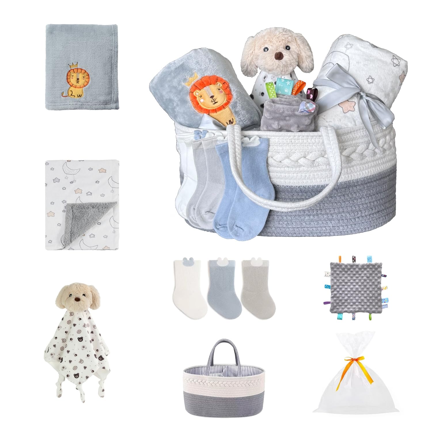 CREVENT Gift Set for Newborns -Diaper Caddy Organizer Basket with 2 Blankets, 1 Taggie, 1 Lovey, 3 Socks，1 Gift Bag with Ribbon - Welcome Essential Baby Shower (Neutral