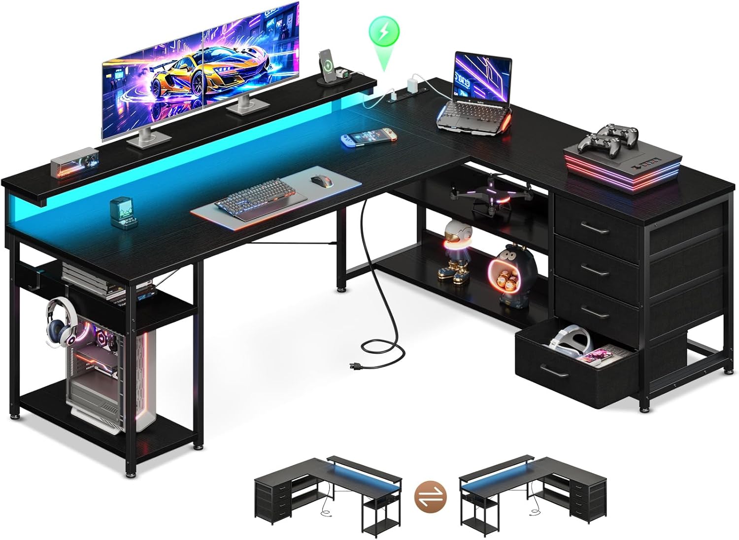 AODK 61" L Shaped Desk with Drawer, Computer Desk with Power Outlets & LED Lights, Reversible Corner Gaming Desk for Home Office Workstation, Office Desk with Monitor Shelf, Pure Black