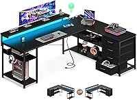 Vista 1 de AODK 61" L Shaped Desk with Drawer, Computer Desk with Power Outlets & LED Lights, Reversible Corner Gaming Desk for Home Office Workstation, Office