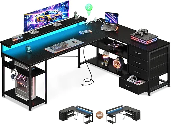 AODK 61" L Shaped Desk with Drawer, Computer Desk with Power Outlets & LED Lights, Reversible Corner Gaming Desk for Home Office Workstation, Office Desk with Monitor Shelf, Pure Black