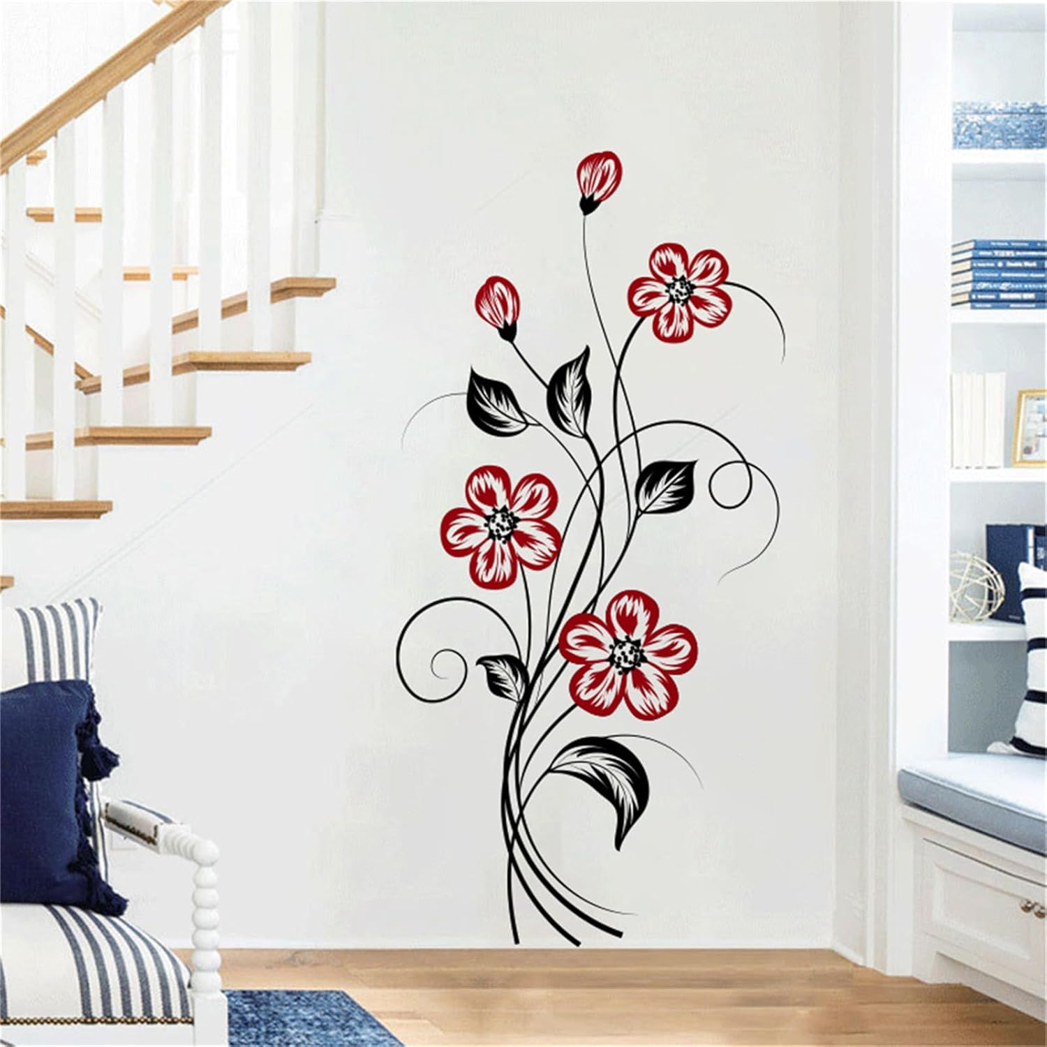 Black Branches Red Flowers Wall Decals Paintings Floral Wall Stickers Peel and Stick