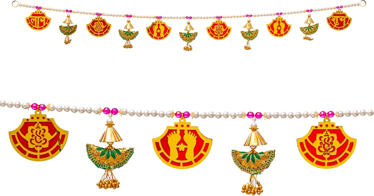 Toran Bandanwaar Artificial Flower Garland for Wall Door Hanging Home Temple Festival Wedding Function Party Decoration Decor and Gifting (Red Green Kalash Leaf Design)