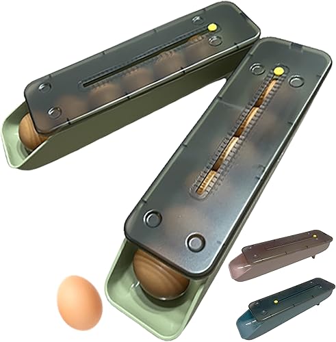 GONNADOO LIFE - Contenedor de huevos para refrigerador con rodillo automático con recordatorio de fecha, cajón de almacenamiento para huevos,