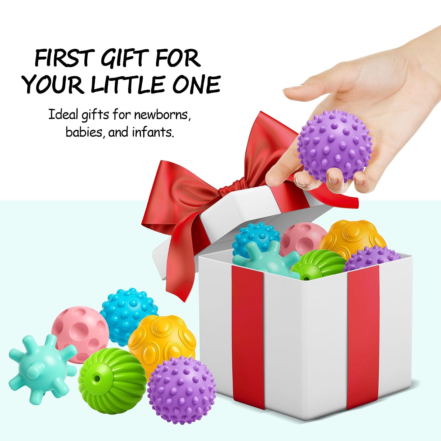 Baby Rattle Ball, Safe Wheat Straw, Baby Teething Sensory Montessori Toys + Multicolored Soft Balls, Textured Balls for Infant Development, Newborn Gift for Infant Boys Girls 3–12 Months