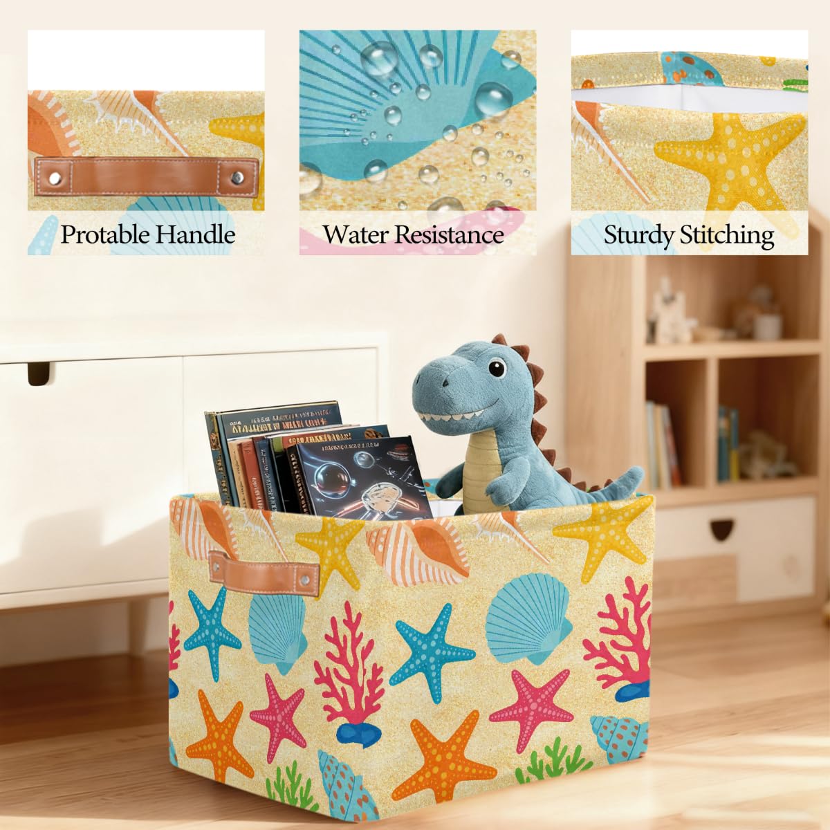 Rechteckiger Aufbewahrungskorb mit Ledergriffen, Cartoon-Sommer, Strand, Seestern, 2 Stück, faltbarer Stoff-Aufbewahrungskorb für Schrank, Badezimmer, Wohnzimmer, Büro, Spielzeug, Organizer