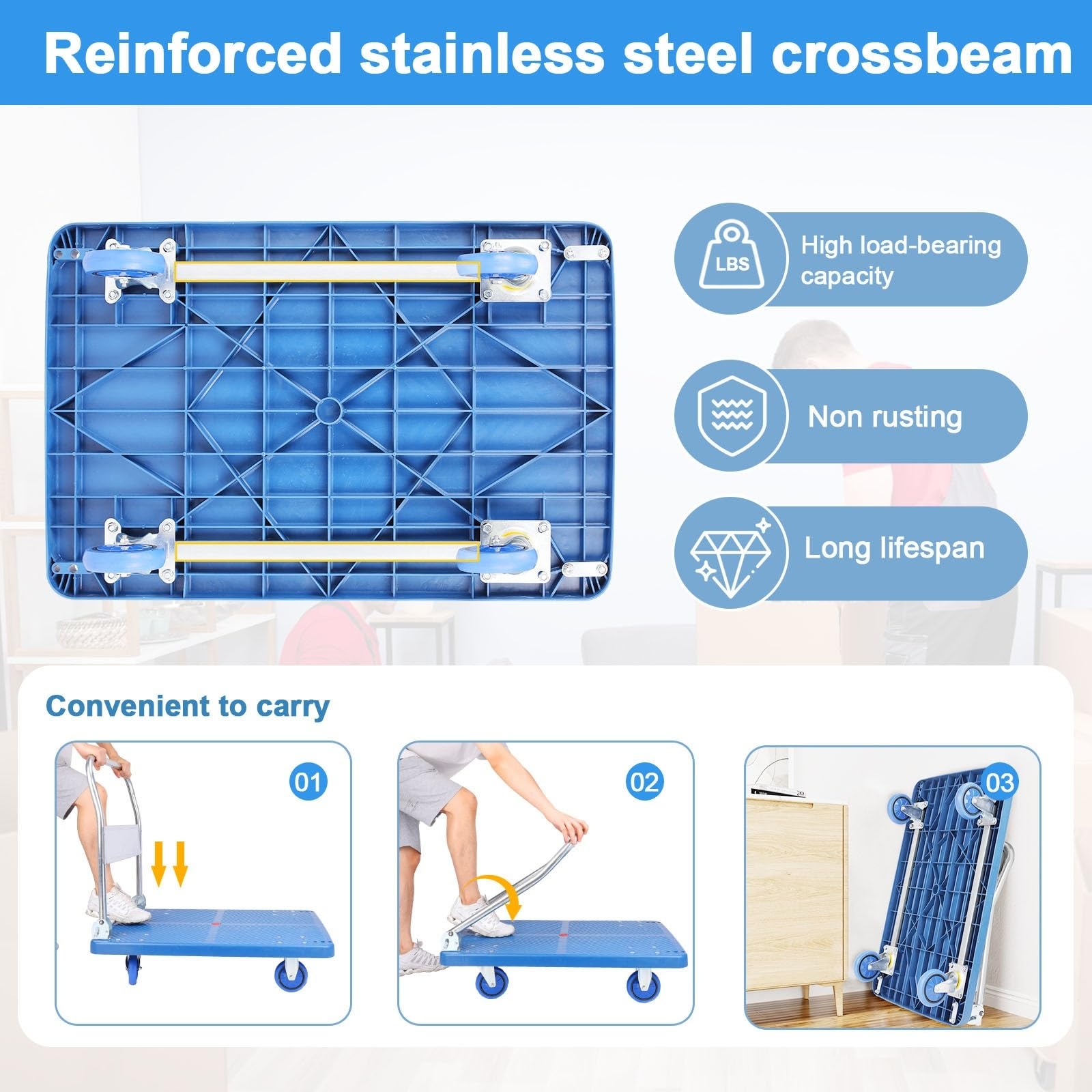 Carretillas manuales Plegables de Plataforma Camiones de Plataforma, Carrito, Plegable Acero Gran Capacidad for Trabajo Pesado, Grande(Blue)