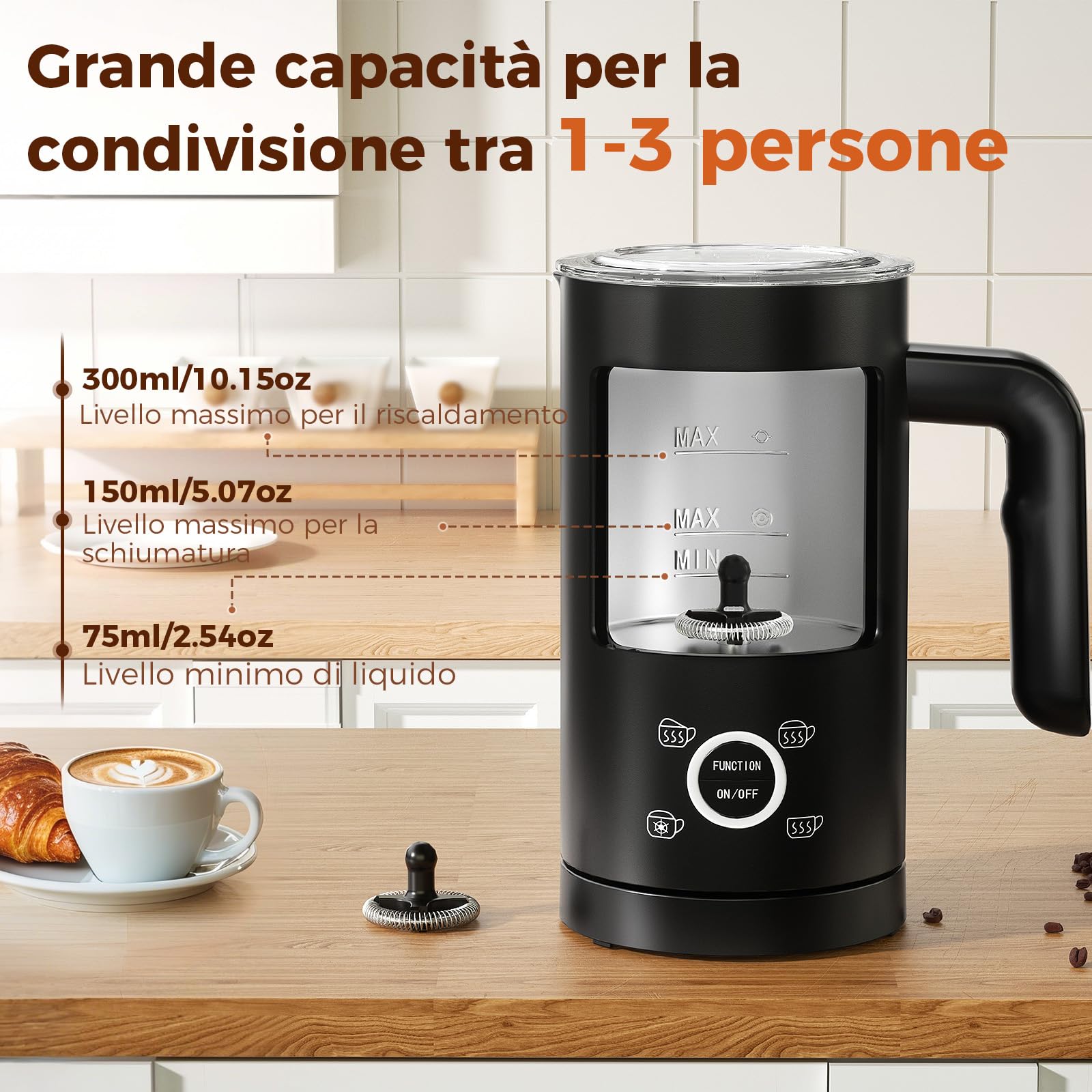 YASHE Montalatte Elettrico 4-in-1, 300ml Schiuma Latte Calda/Fredda, Cappuccinatore, Rivestimento Antiaderente, Ideale per Cappuccino, Macchiato, Caffè Latte e Cioccolata Calda, 500W