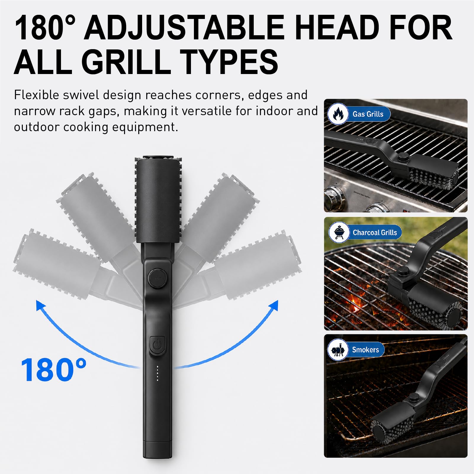 Cepillo eléctrico para barbacoa, IPX7, resistente al agua, limpiador de barbacoa con cabezal giratorio de 180°, 3 velocidades hasta 350 rpm, 100 minutos de autonomía para parrilla y parrilla