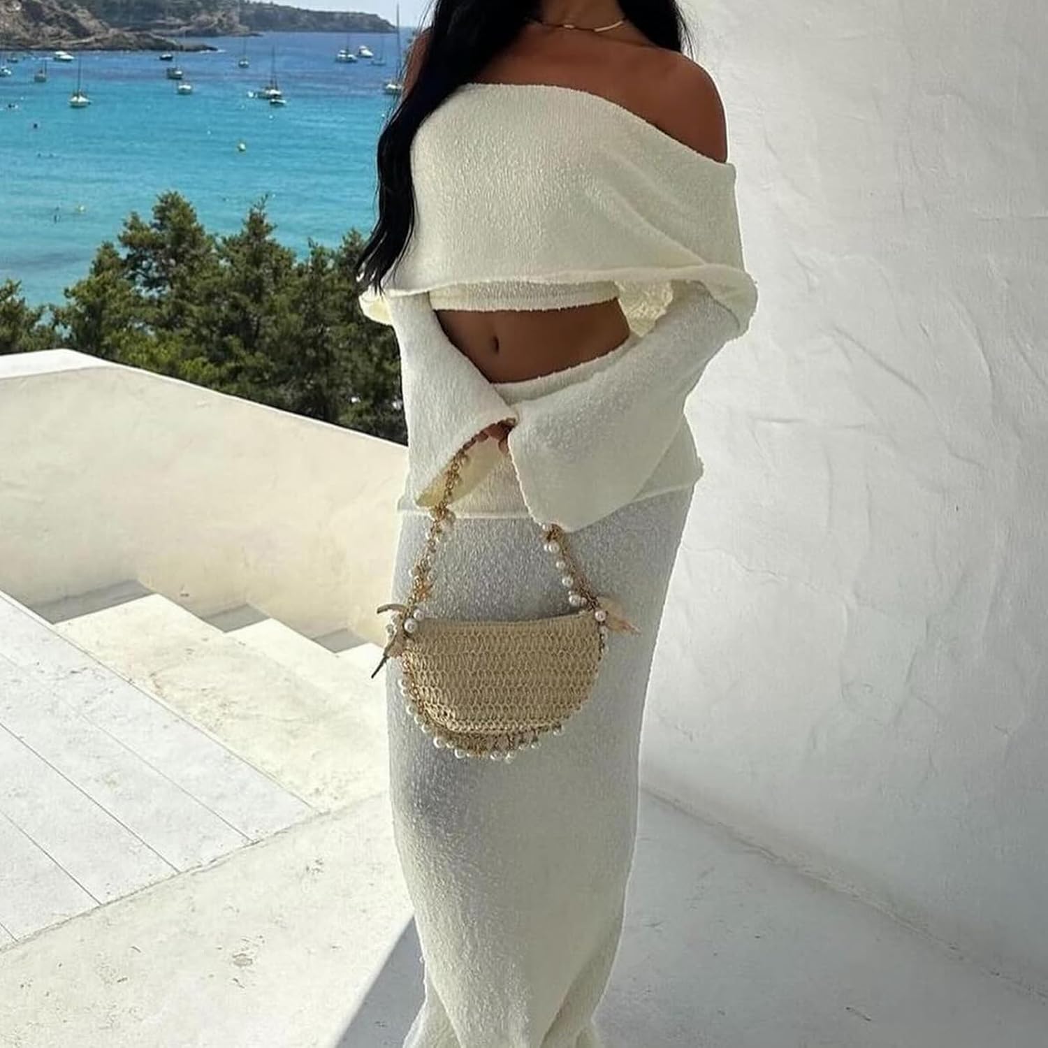 SHINFY Women's Two Piece Outfits Fuzzy Knitted Off Shoulder Long Sleeve Crop Tops Sweater Maxi Skirt Set