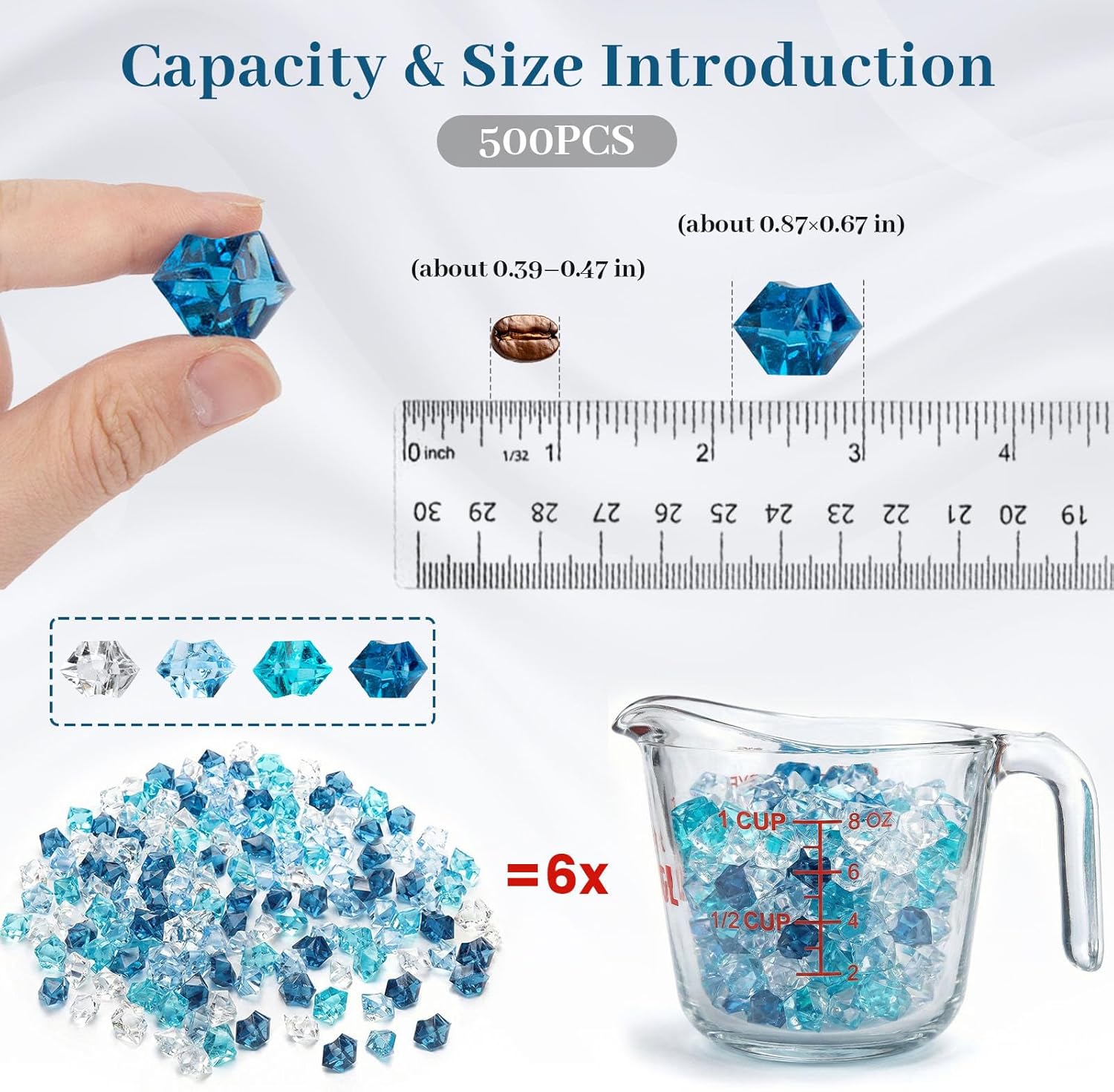 DomeStar Acrylic Fake Ice & Assorted Blue Glass Beads - 1000PCS Clear Fake Ice & 500PCS Assorted Acrylic Gems for Vase Fillers, Fish Tank Decor & DIY Table Scatter