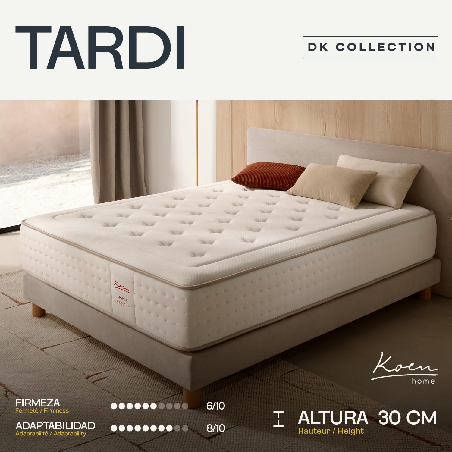 Colchón de muelles ensacados 135x190 cm Tardi - Altura +/- 30 cm - Firmeza Media/Alta - Tecnología híbrida con Espuma viscoelástica - Acogida progresiva y adaptabilidad única - 100% Transpirable