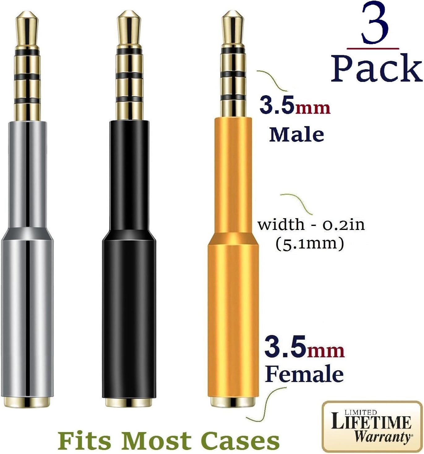 x3 Pcs Gold Audio Jack Extender Headphone Adapter with Gold