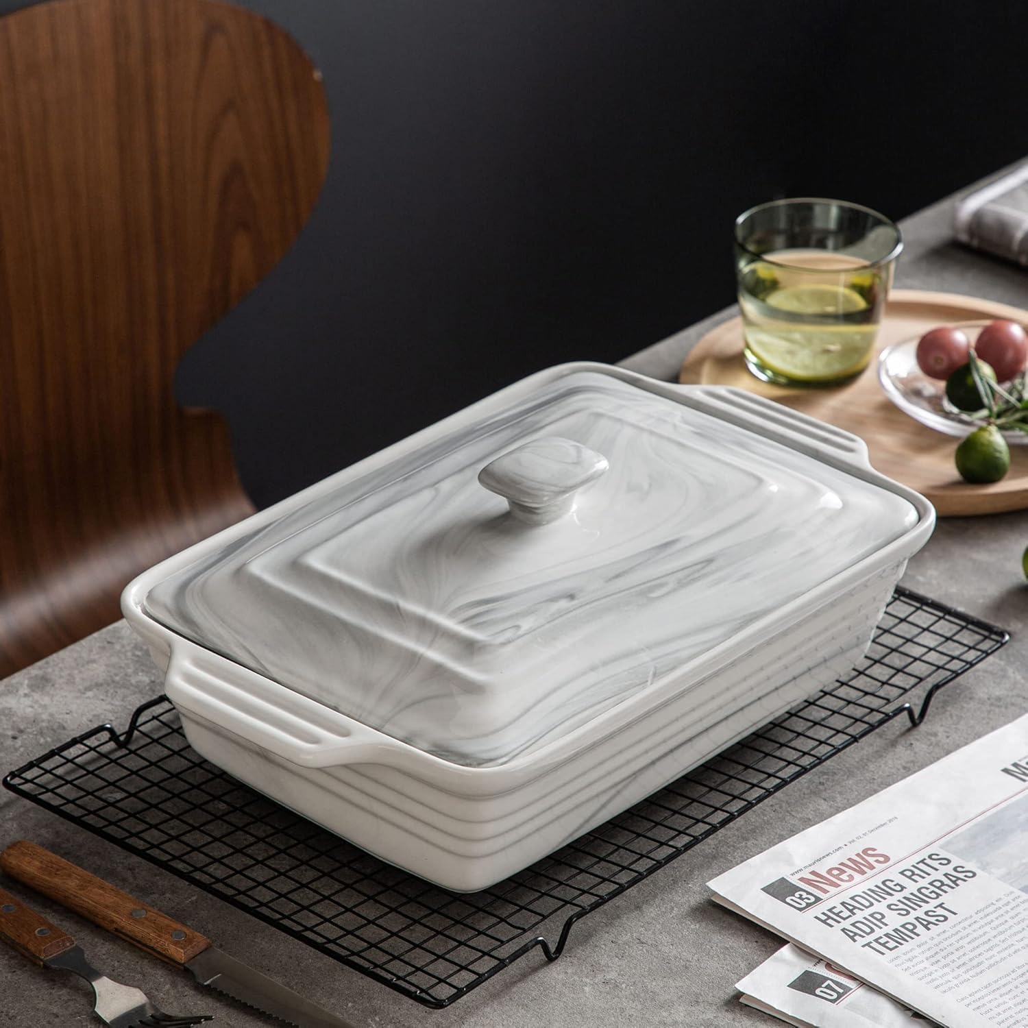 MALACASA Große Auflaufform mit Deckel, 4,4 Quart Keramik-Backform für Ofen, Lasagnepfanne tief mit Deckel, mikrowellen-, spülmaschinenfest, Serie BAKE-GREY