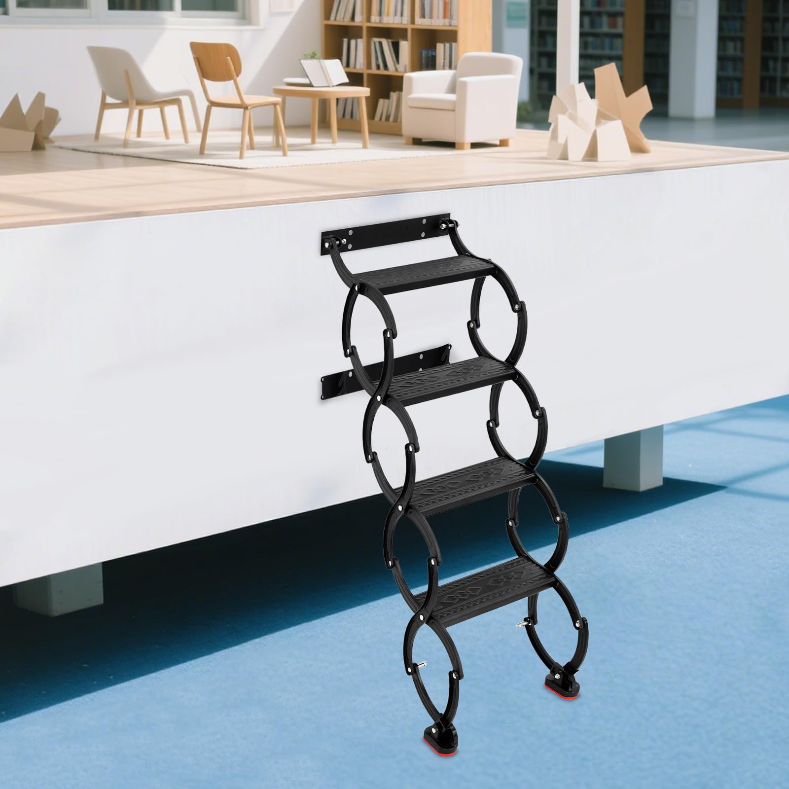 Escalera plegable extensible de 4 peldaños montada en la pared con peldaños antideslizantes, escalones telescópicos, para ático, garaje, sótano, negro, capacidad de carga 200 kg