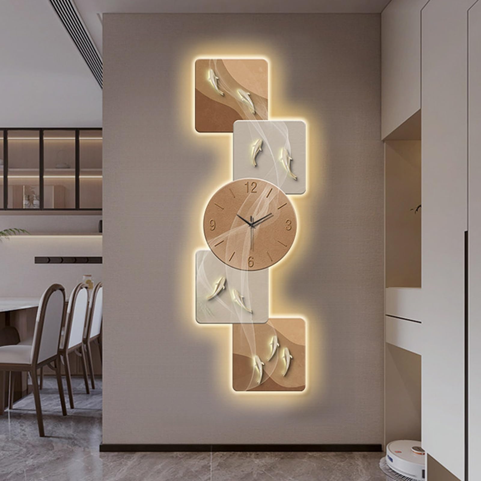 Zegar ścienny 3D z oświetleniem LED, dekoracyjne rzeźby ścienne ze światłami, zasilacz wtykowy, dekoracja wisząca, odpowiedni do korytarza, salonu, jadalni (szary, 120 x 40 cm)
