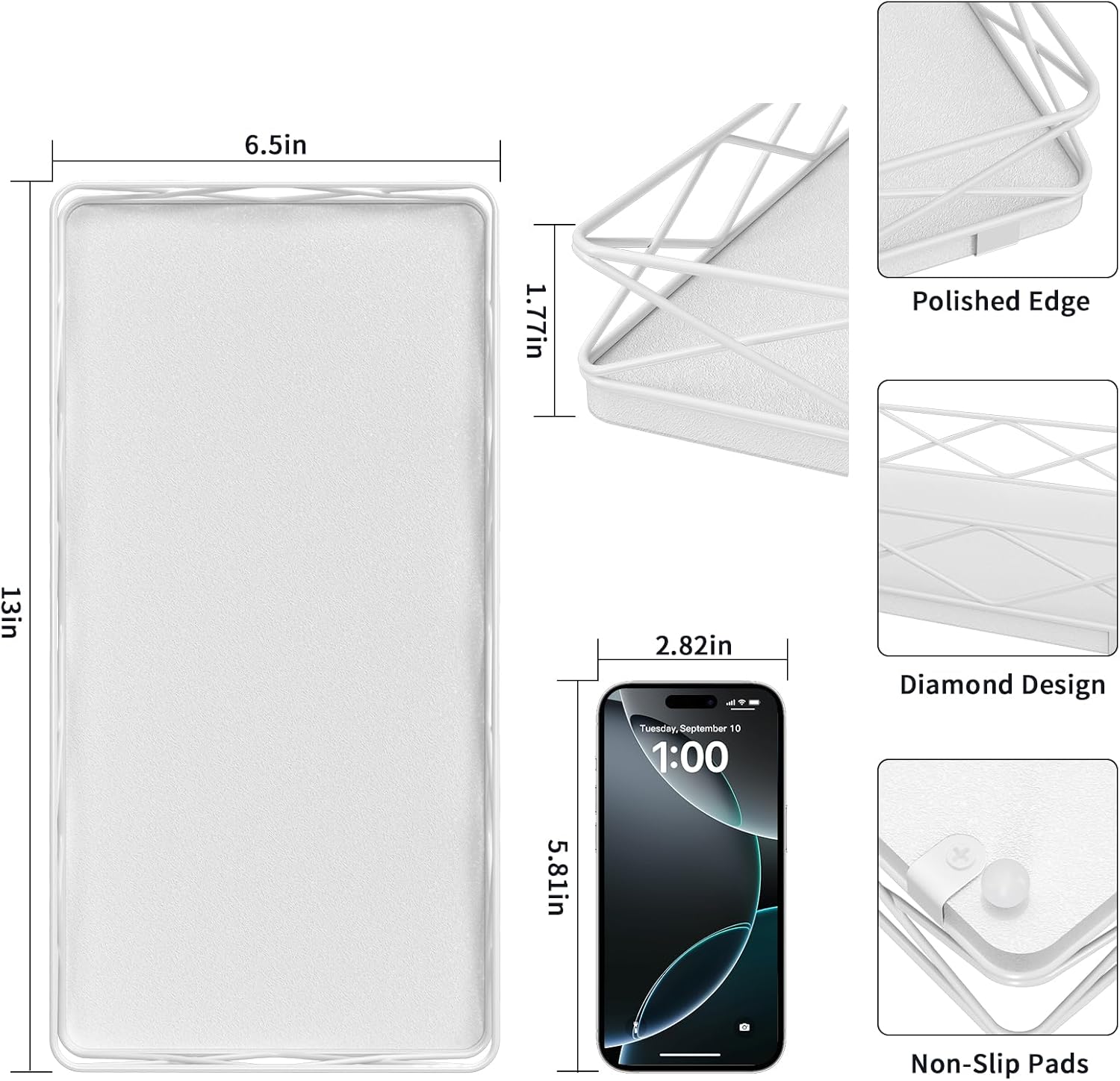 Toilet Paper Basket Holder, 13" Bathroom Tray Countertop, Wood and Metal Toilet Tank Tray Bathroom Vanity Organizer for Toiletry, Kitchen Sink Organizer for Soap Dispenser (White) - Image 2