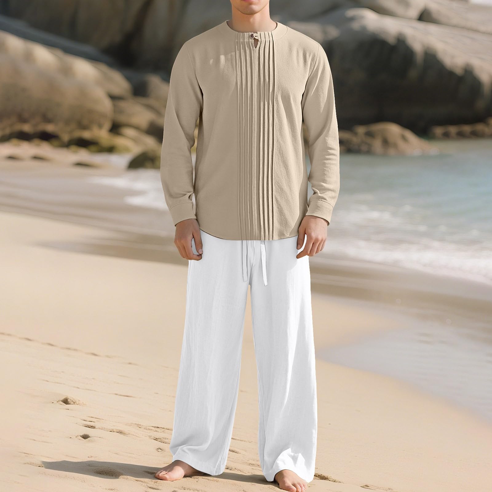 Tuta per il tempo libero da uomo, in lino e cotone, per la casa da uomo, a maniche lunghe e vestibilità larga, per il tempo libero, set loungewear