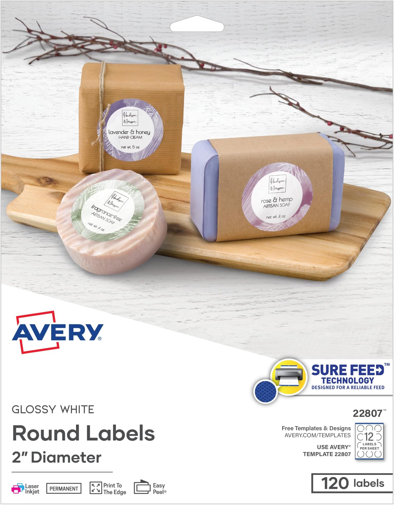 Avery Printable Round Labels, Sure Feed Technology, Glossy White Labels, 2" Diameter, Permanent Adhesive, Laser/Inkjet, 120 Total (22807)