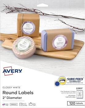 Avery Printable Round Labels, Sure Feed Technology, Glossy White Labels, 2" Diameter, Permanent Adhesive, Laser/Inkjet, 120 Total 22807