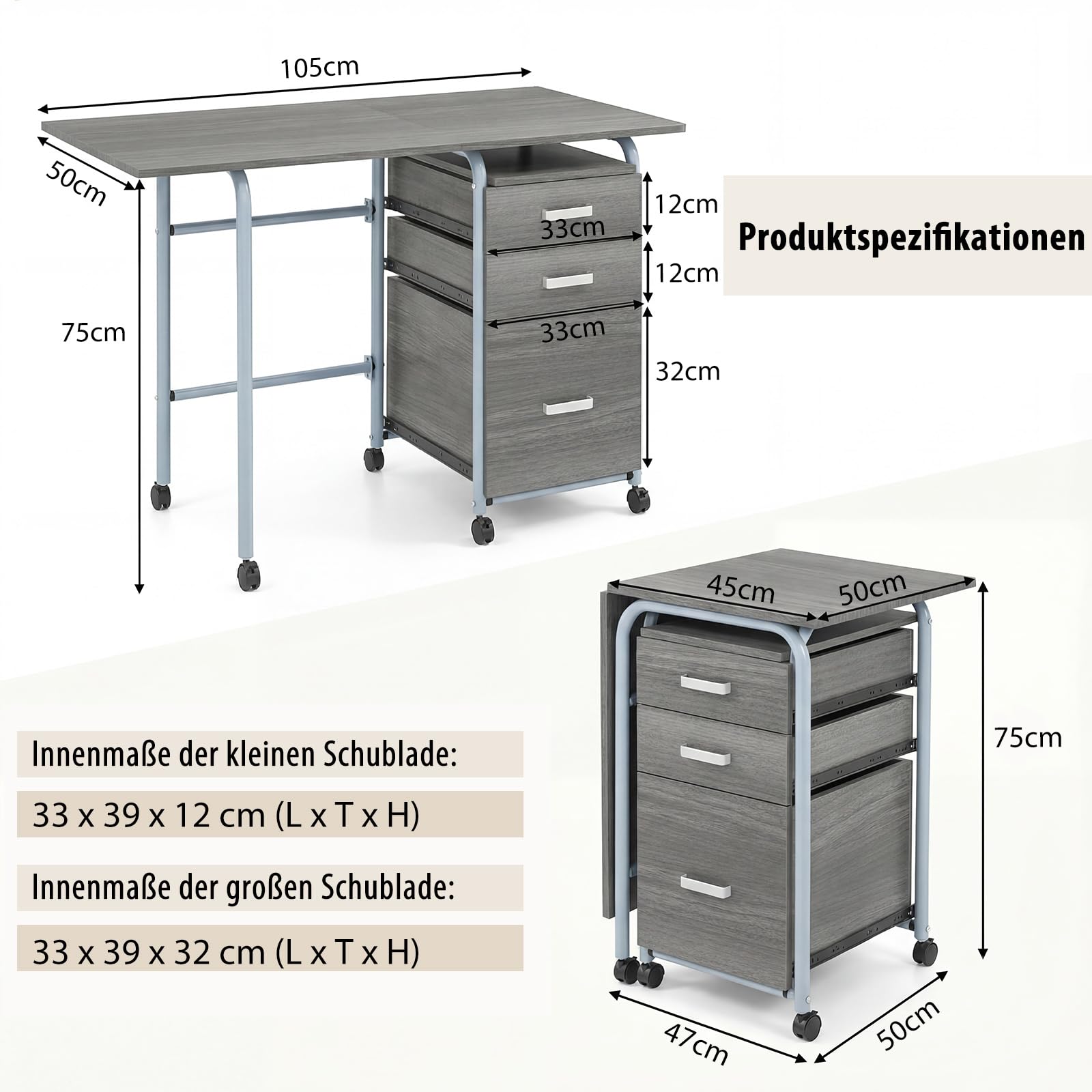 LIFEZEAL Klapbaar bureau, werktafel met laden en wieltjes
