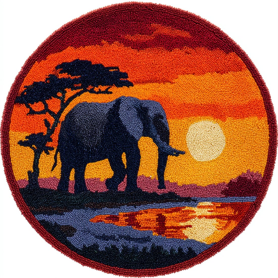 Rqwybcaxn DIY Latch Hook Rug Kit for Beginners Animal Crochet Starter Kit Elephants and Trees 60x60cm Round Tapestry with Crochet Hook Bedroom Craft Gift