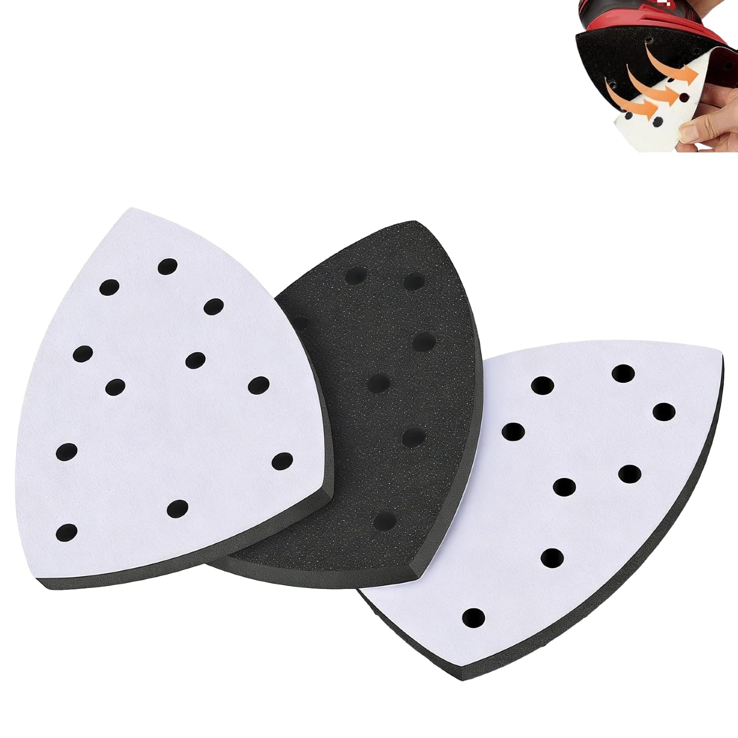 HAFRILY 3pcs Triangular Mouse Sander Pads - 105x152mm 11-Hole Foam Sanding Pads for Detail Sanders Heat-Resistant Backing Pad Polishing Pads with Vibration Reduction