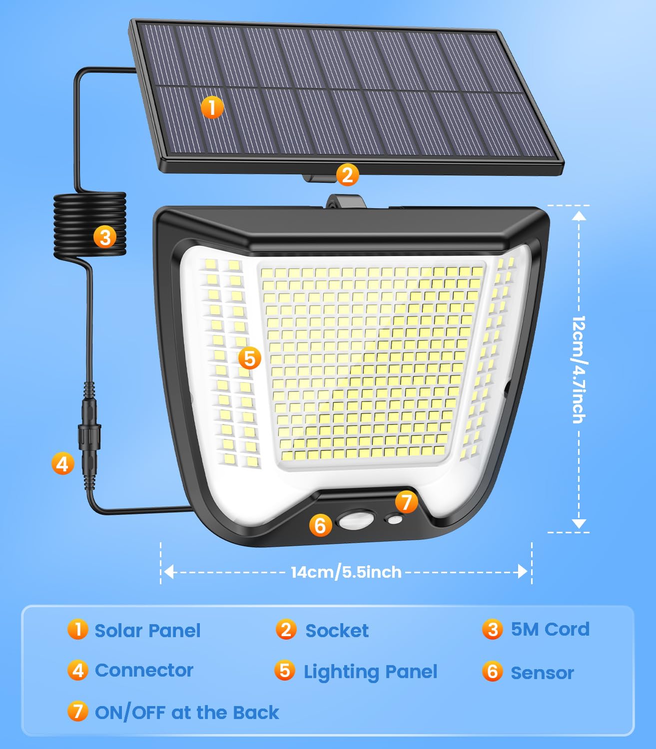 Lampe Solaire Extérieure 288 LED Avec Détecteur De Mouvement - IP65, 3 Modes, Câble 5m, éclairage Puissant