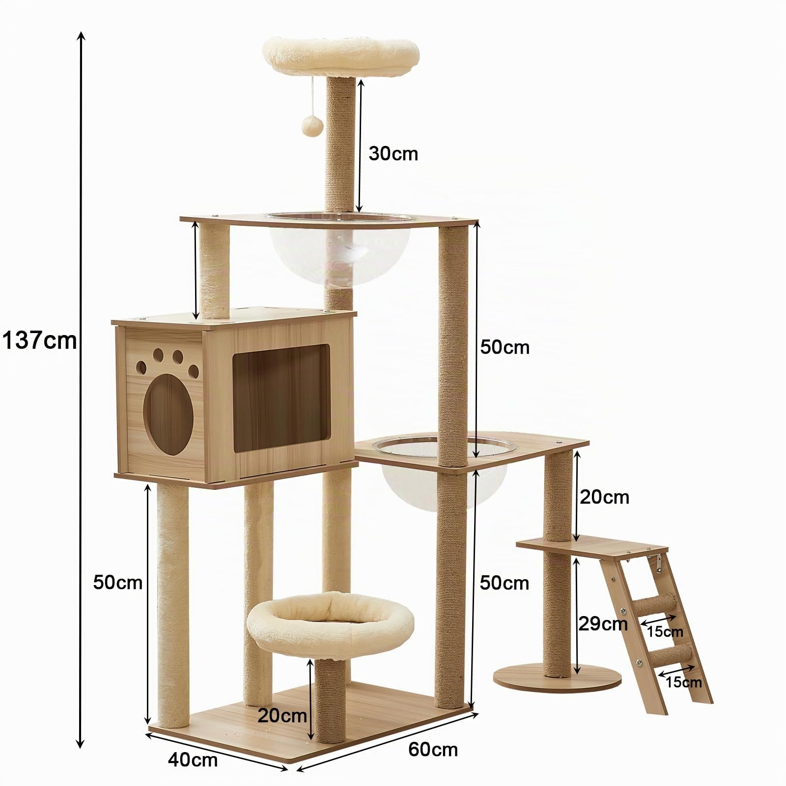 Rascador de Madera de 135 cm, Grande, Estable, Moderno, con condominio, Escalera, Cuenco, árbol rascador Grande
