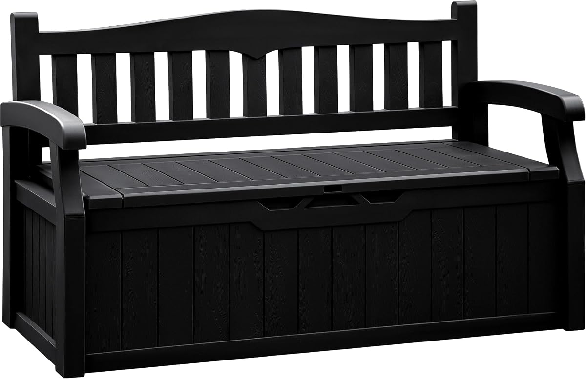 Banco de almacenamiento Flamaker de 80 galones, caja de cubierta con asiento impermeable para todo tipo de clima | Caja de pecho resistente con cerradura con banco de asiento para jardín, patio, junto a la piscina, interior, exterior