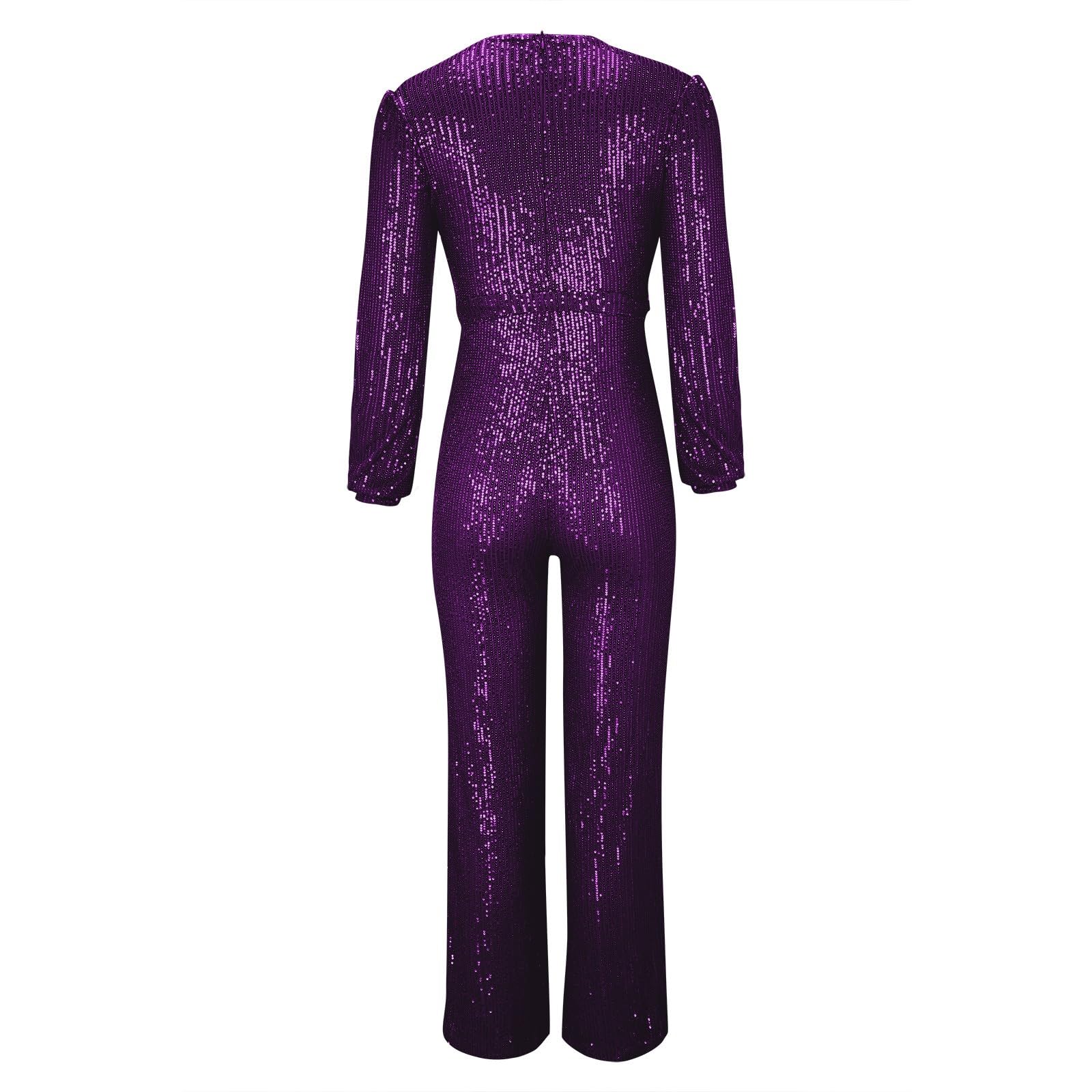 Jumpsuit Damen Elegant Mit Pailletten: Overall Glitzer Langarm V-Ausschnitt Lang Overall Hosenanzug Playsuit Mit Gürtel Romper Lightweight Schnelltrocknende Jumper Für Disco, Kostüm, Karneval