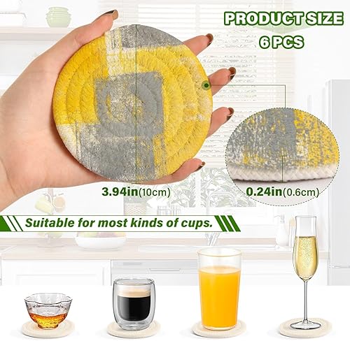 Miniatura 3 de Coasters Absorbent and Holder Set of 6 Drink Coasters for Tabletop Cotton Coasters Posavasos para Mesa Abstract Grey Yellow